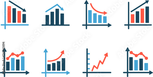 Bar chart icons.Growing chart with arrow.Business graph  icons.Statistic charts diagrams with down or up arrows. Vertical bar chart with different heights.Data analytics vector icons.