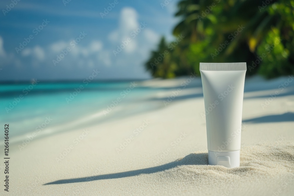 Cosmetics cream tube mockup resting on sand with a beautiful beach and palm trees in the background at a sunny seaside location. Generative AI Cosmetics cream tube mockup resting on sand with a beautiful beach and palm trees in the background at a sunny seaside location. Generative AI