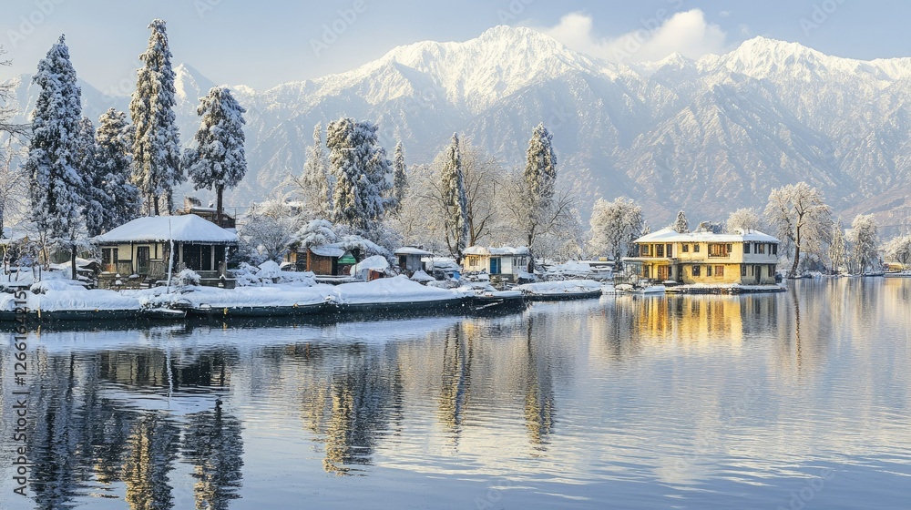 Fototapeta premium An epic winter scene of Dal Lake, where snowfall blankets the surrounding trees and houseboats, while the towering mountains stand majestically in the background.