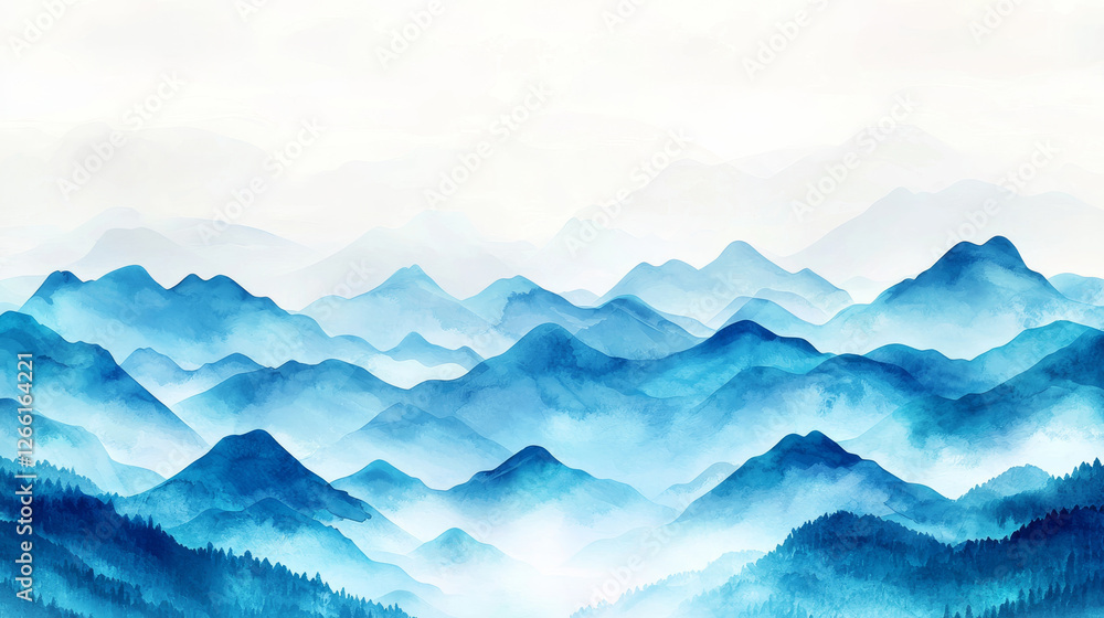 Ethereal watercolor mountains in shades of blue create serene landscape. soft gradients and misty atmosphere evoke sense of calm and tranquility, perfect for backgrounds Ethereal watercolor mountains in shades of blue create serene landscape. soft gradients and misty atmosphere evoke sense of calm and tranquility, perfect for backgrounds