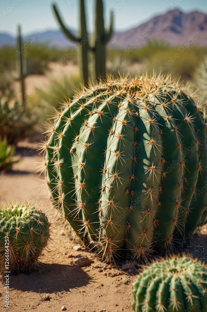 A desert landscape featuring various cacti under sunlight. A desert landscape featuring various cacti under sunlight.