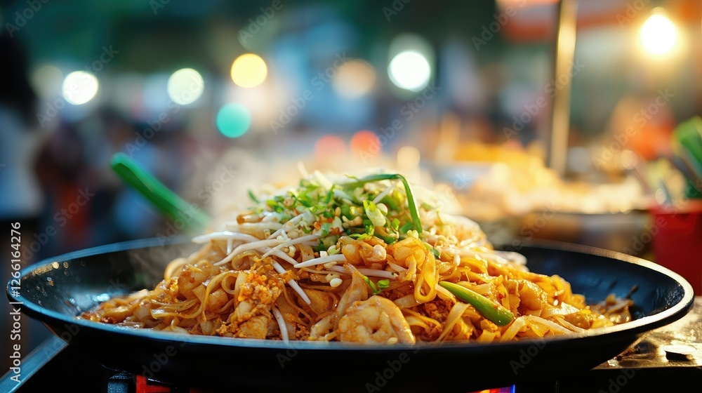 Authentic Pad Thai served in a traditional Thai market, with food stalls and bustling crowd in the background. Authentic Pad Thai served in a traditional Thai market, with food stalls and bustling crowd in the background.
