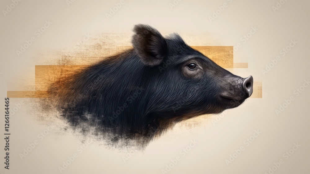 Realistic artistic portrait of a black pig with detailed fur and striking features against a textured background Realistic artistic portrait of a black pig with detailed fur and striking features against a textured background