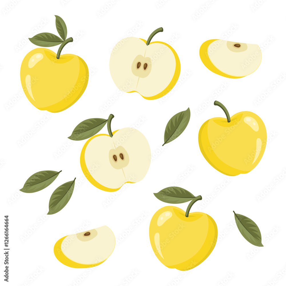 Set of yellow apples with leaves isolated on white background. Whole, half and slices of ripe juicy fruit. Summer harvest. Illustration Set of yellow apples with leaves isolated on white background. Whole, half and slices of ripe juicy fruit. Summer harvest. Illustration