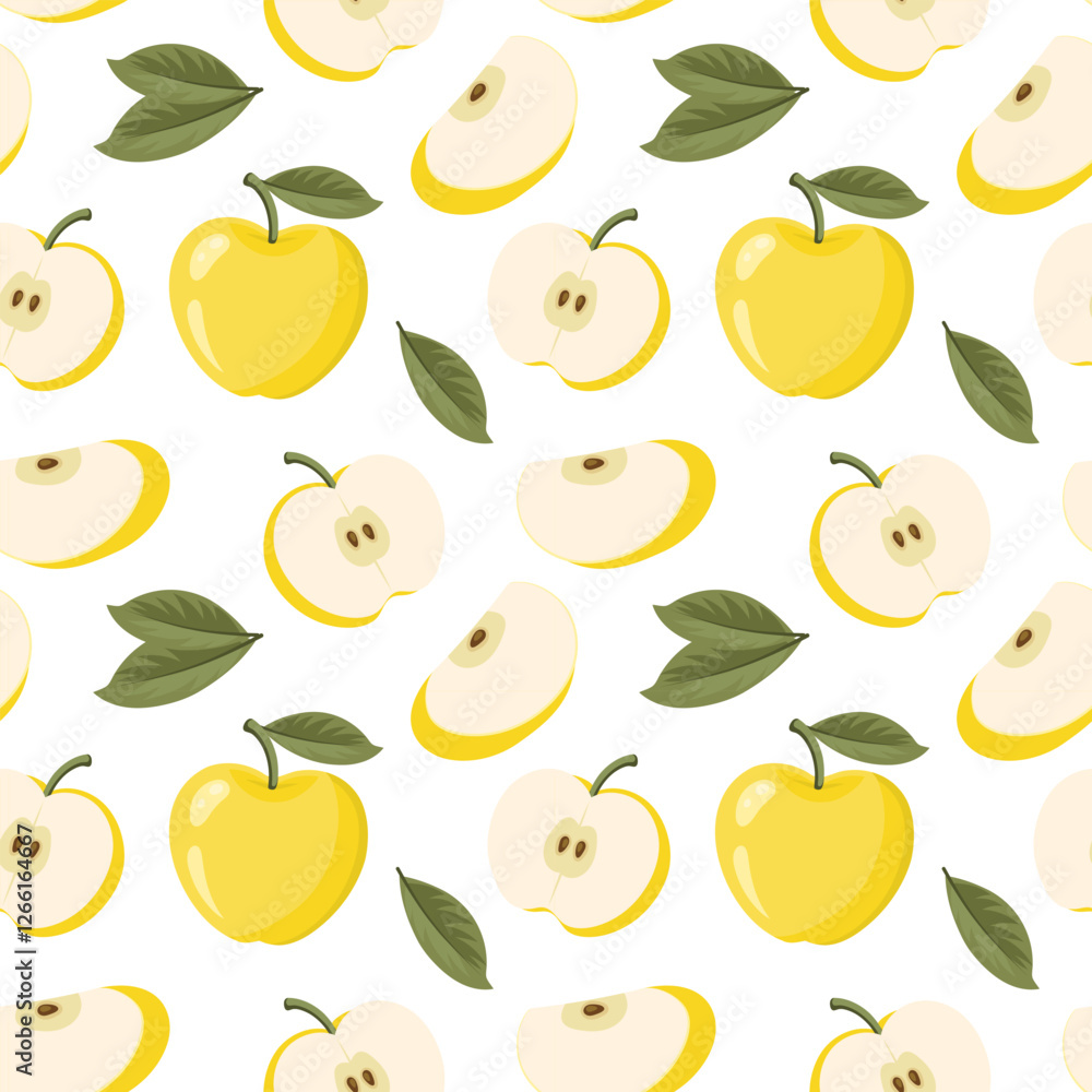 Yellow apples seamless pattern. Seamless pattern with apples whole and sliced. Illustration Yellow apples seamless pattern. Seamless pattern with apples whole and sliced. Illustration