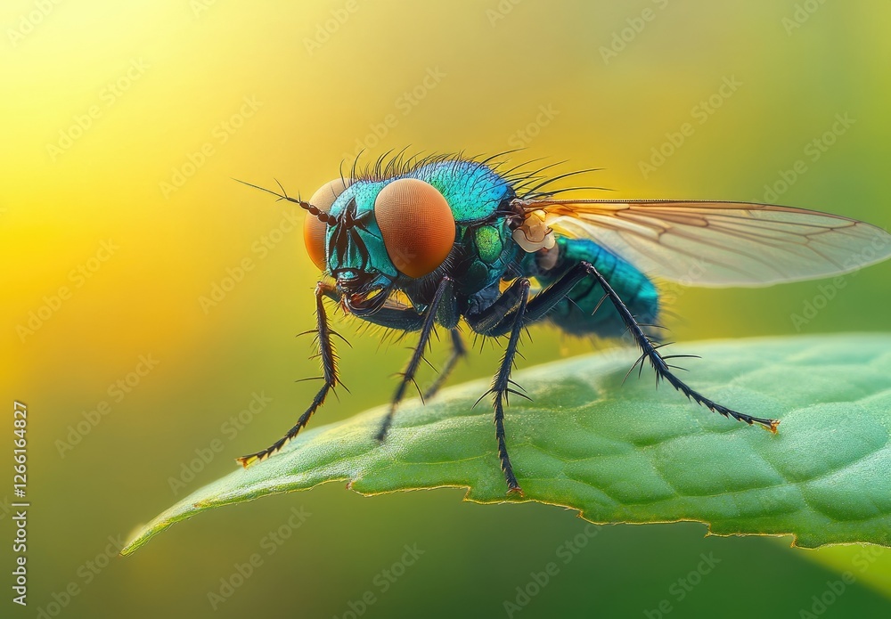 Naklejka premium Vibrant Green Fly Perched on a Leaf in Sunlight