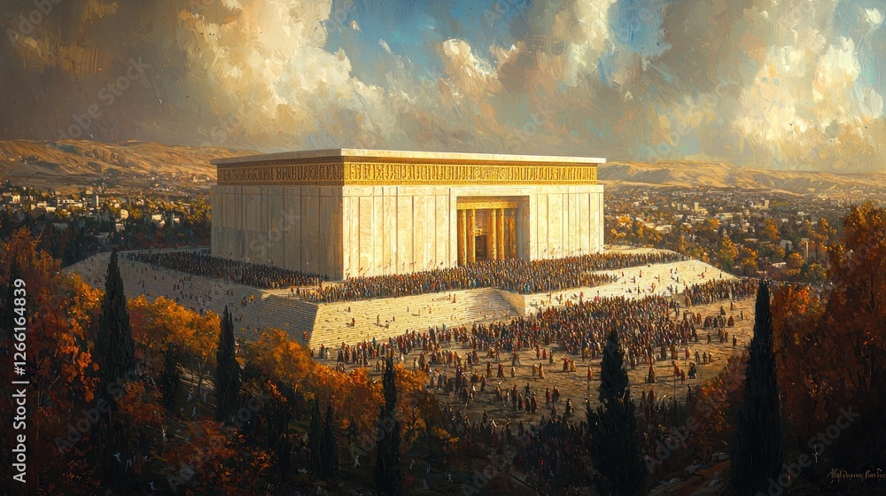 Fototapeta premium A grand temple with a large crowd gathered before it