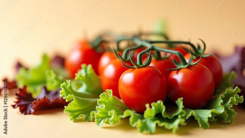 Red cherry tomatoes nestled on lettuce - Freshness and health - Culinary blog or recipe illustration Red cherry tomatoes nestled on lettuce - Freshness and health - Culinary blog or recipe illustration