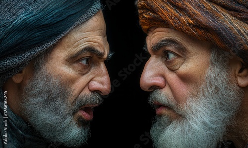 Two Mature Men With Headwear Facing Each Other Against Dark Backgrounds In Studio Setting with Intensity and Serious Expressions and Beards and Vintage Clothing Featuring Cultural Elements and