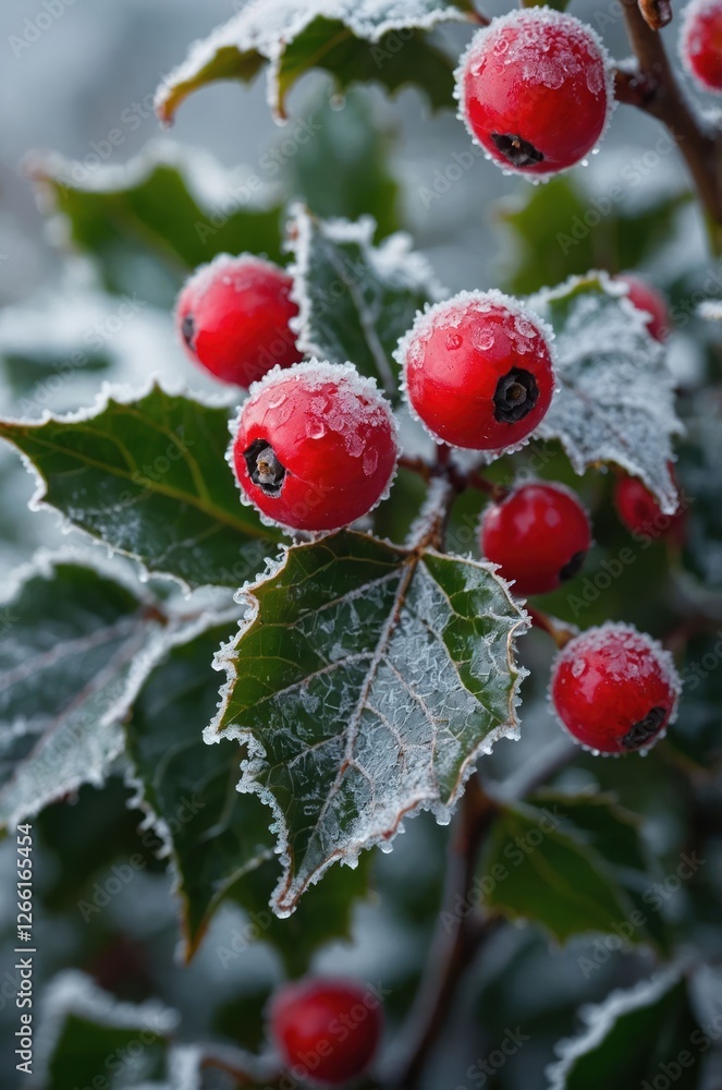 Frost-covered holly leaves and bright red berries create a wintery scene. Frost-covered holly leaves and bright red berries create a wintery scene.