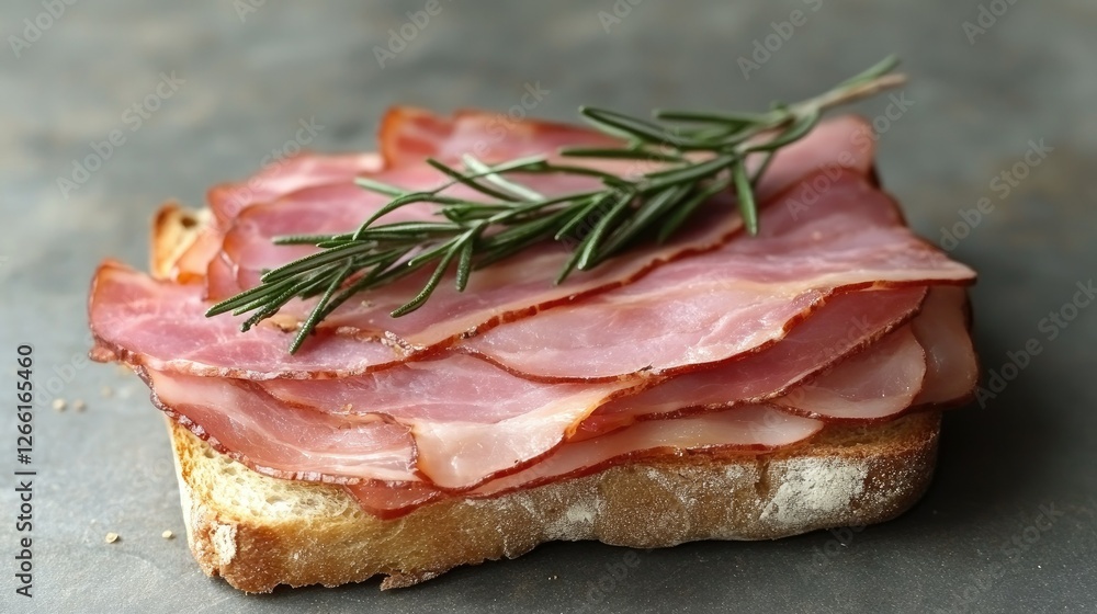 Close-up of crusty bread sandwich with thin slices of cured ham and a sprig of rosemary, placed on a rustic grey slate surface Close-up of crusty bread sandwich with thin slices of cured ham and a sprig of rosemary, placed on a rustic grey slate surface