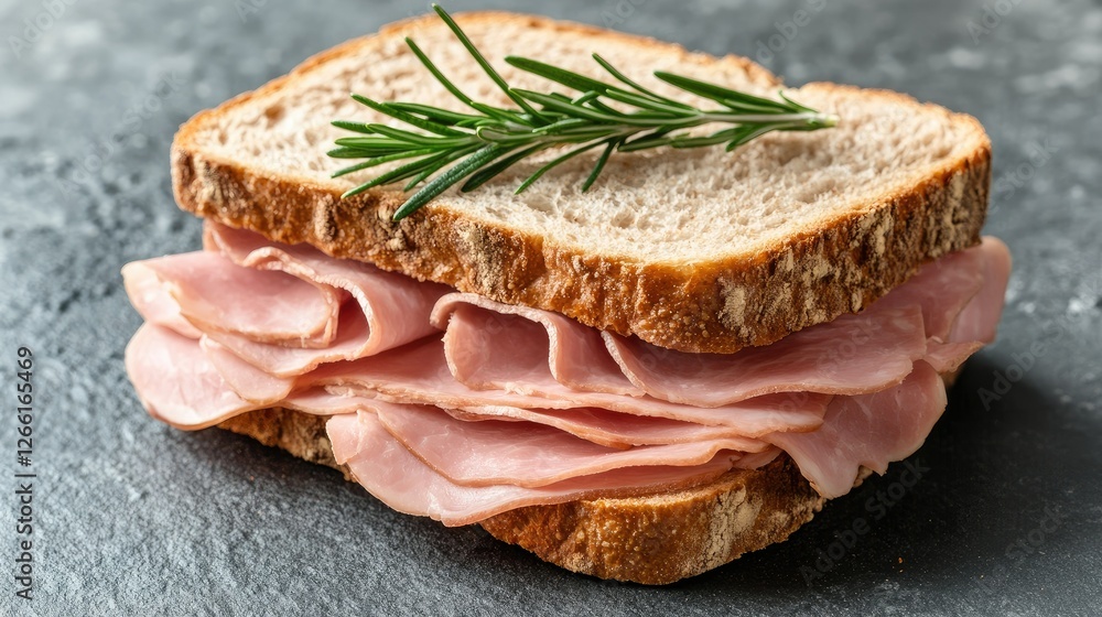 Close-up of crusty bread sandwich with thin slices of cured ham and a sprig of rosemary, placed on a rustic grey slate surface Close-up of crusty bread sandwich with thin slices of cured ham and a sprig of rosemary, placed on a rustic grey slate surface