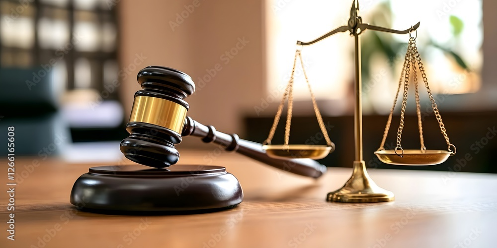 Court trial action judicial desk setting gavel and scales legal environment closeup view justice concept Court trial action judicial desk setting gavel and scales legal environment closeup view justice concept