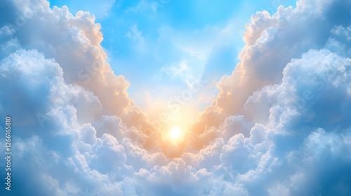Heavenly sunrise through cloudscape, peaceful background