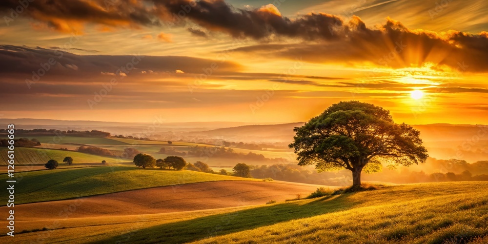 Obraz premium Vintage Sunset over Kent Countryside - Golden Hour Landscape Photography