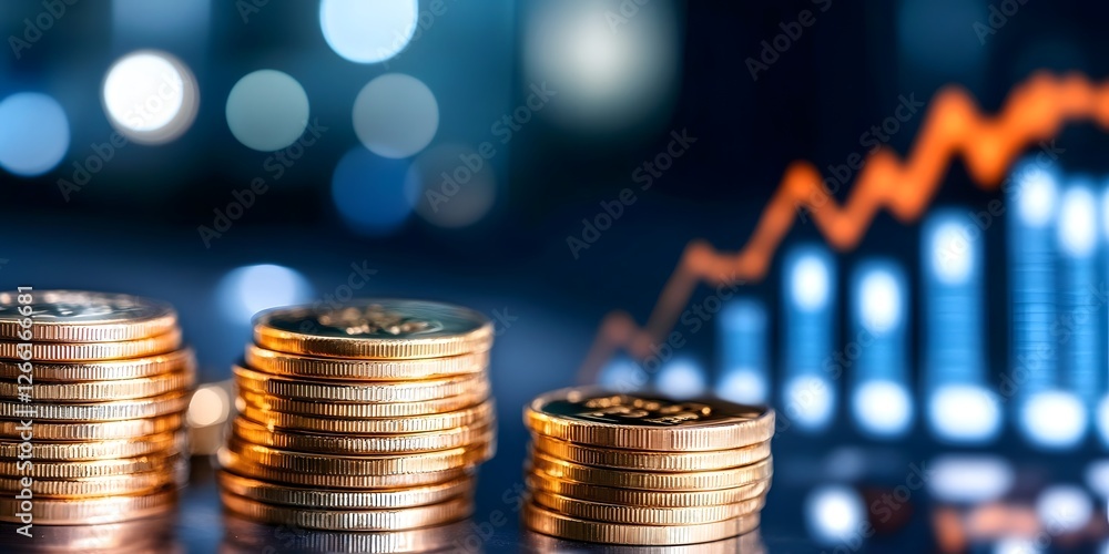 Digital financial growth stacks of gold coins and chart analysis in business environment night view Digital financial growth stacks of gold coins and chart analysis in business environment night view