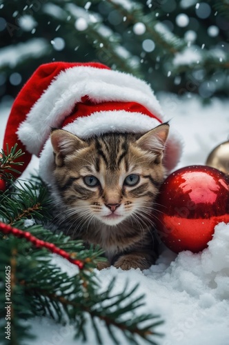 A playful kitten wearing a Santa hat amidst snowy decorations for the holiday season.