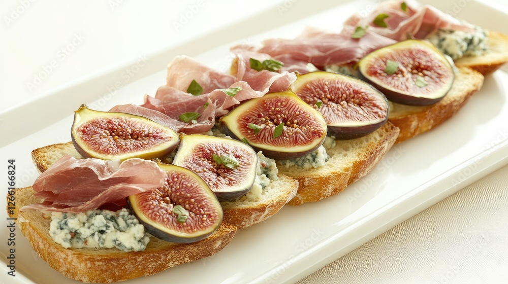 Elegant food photography of crisp toasts with creamy blue cheese, prosciutto, and sliced figs, plated on a white dish Elegant food photography of crisp toasts with creamy blue cheese, prosciutto, and sliced figs, plated on a white dish