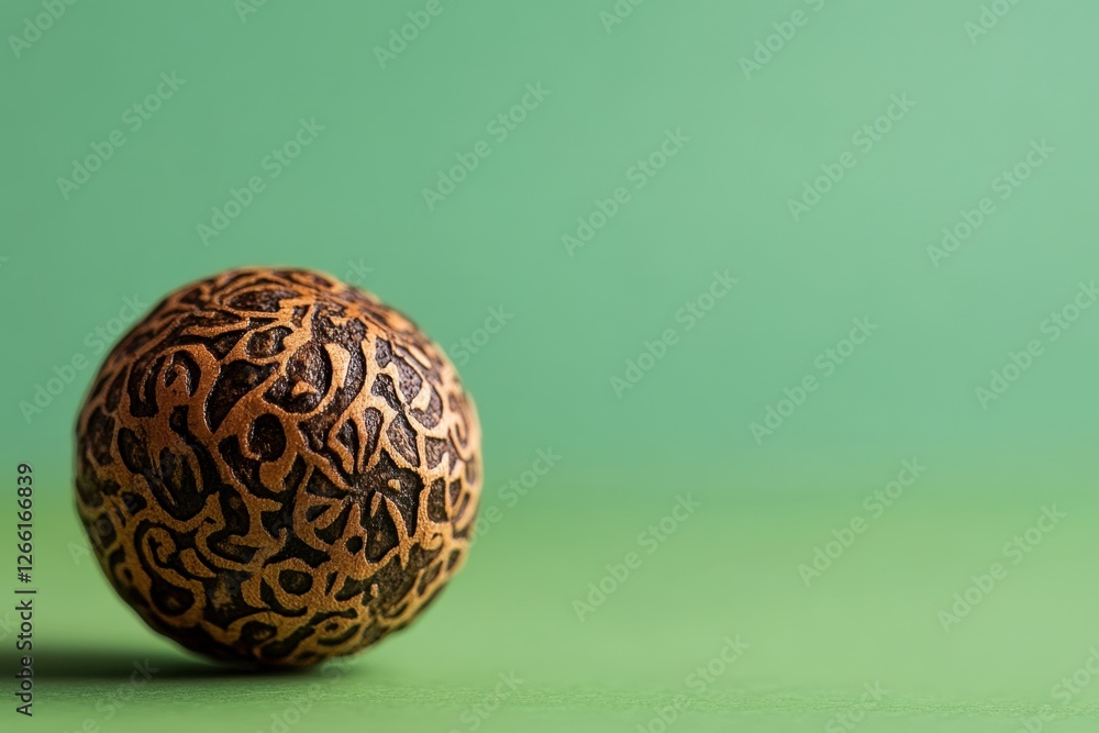 Intricately patterned spherical seed rests against soft green background Intricately patterned spherical seed rests against soft green background