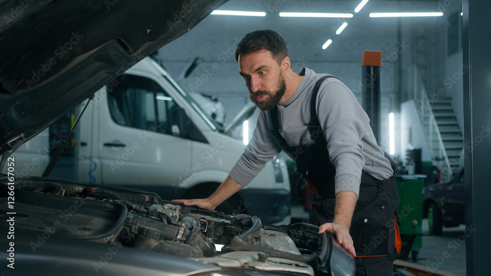 Caucasian man professional auto mechanic technician car service worker opening automobile hood looking under bonnet shocked male confused problem vehicle breakdown broken transport in garage station Caucasian man professional auto mechanic technician car service worker opening automobile hood looking under bonnet shocked male confused problem vehicle breakdown broken transport in garage station