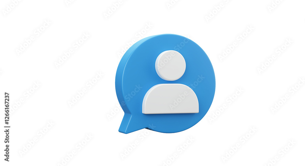 Blue speech bubble with user icon inside. User icon in a speech bubble. 3d rendering of a speech bubble with a user icon Blue speech bubble with user icon inside. User icon in a speech bubble. 3d rendering of a speech bubble with a user icon