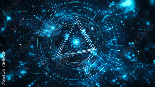 A modern illustration of abstract tuning symbols for lines and triangles, connecting networks on a blue background. Shadowfire Summoners. Illustration photo