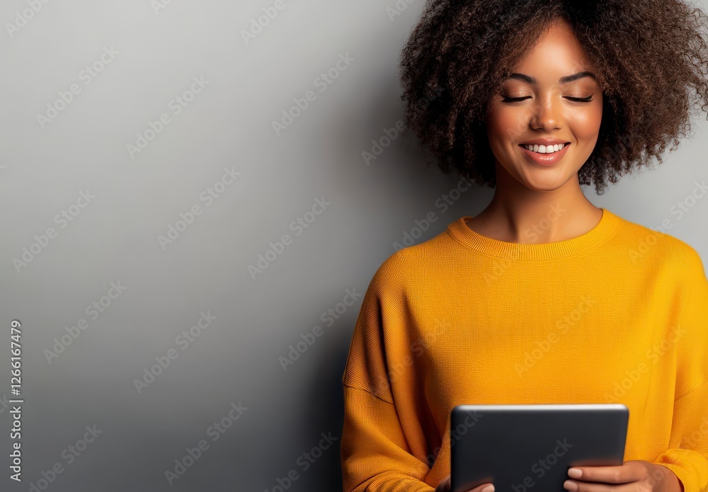 Young woman in yellow sweater smiling while using tablet against a soft grey background in a serene and joyful setting Young woman in yellow sweater smiling while using tablet against a soft grey background in a serene and joyful setting