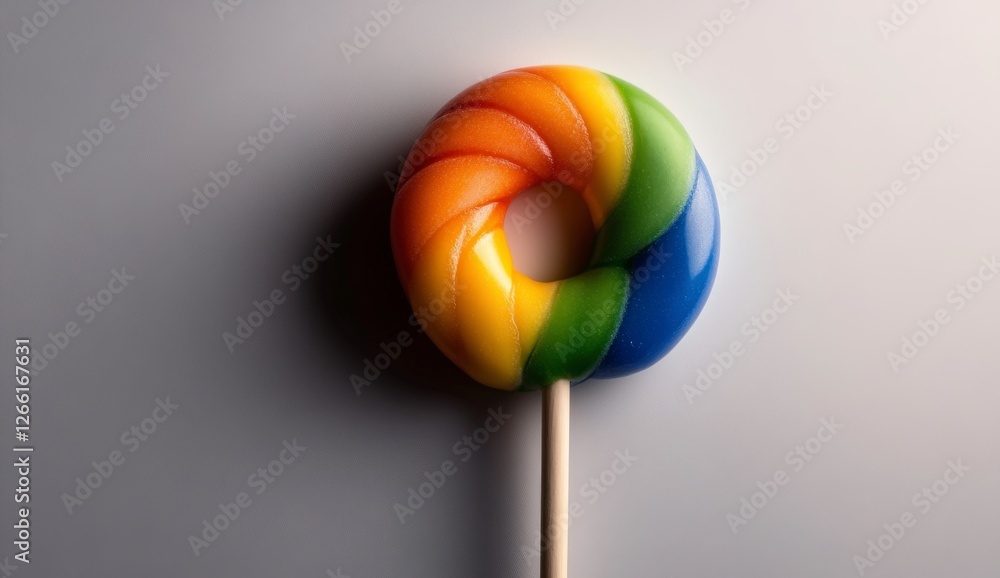 Vibrant Colorful Lollipop with Swirling Patterns on a Stick Against a Light Background Vibrant Colorful Lollipop with Swirling Patterns on a Stick Against a Light Background