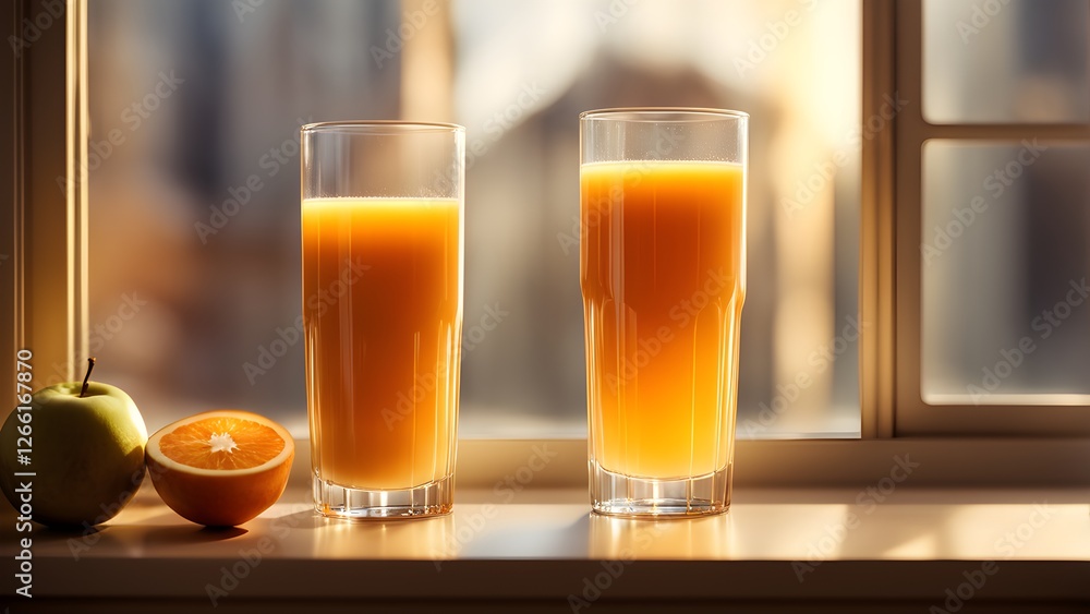 Two glasses of fresh orange juice sit on a windowsill, illuminated by warm sunlight, next to a green apple and a half orange. Two glasses of fresh orange juice sit on a windowsill, illuminated by warm sunlight, next to a green apple and a half orange.