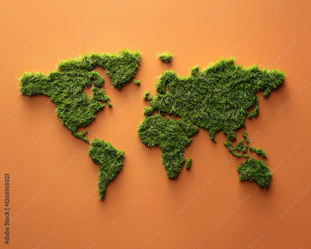 Grass World Map on Orange Background Grass World Map on Orange Background