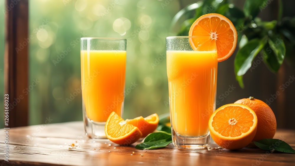 Fototapeta premium Two glasses of fresh orange juice with orange slices and leaves on a wooden table, against a blurred green background.