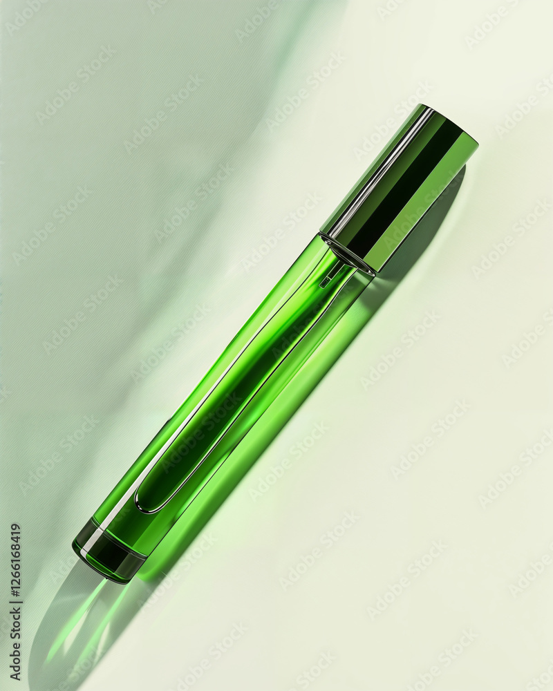 Green glass bottle resting on a light surface under soft lighting with subtle reflections Green glass bottle resting on a light surface under soft lighting with subtle reflections