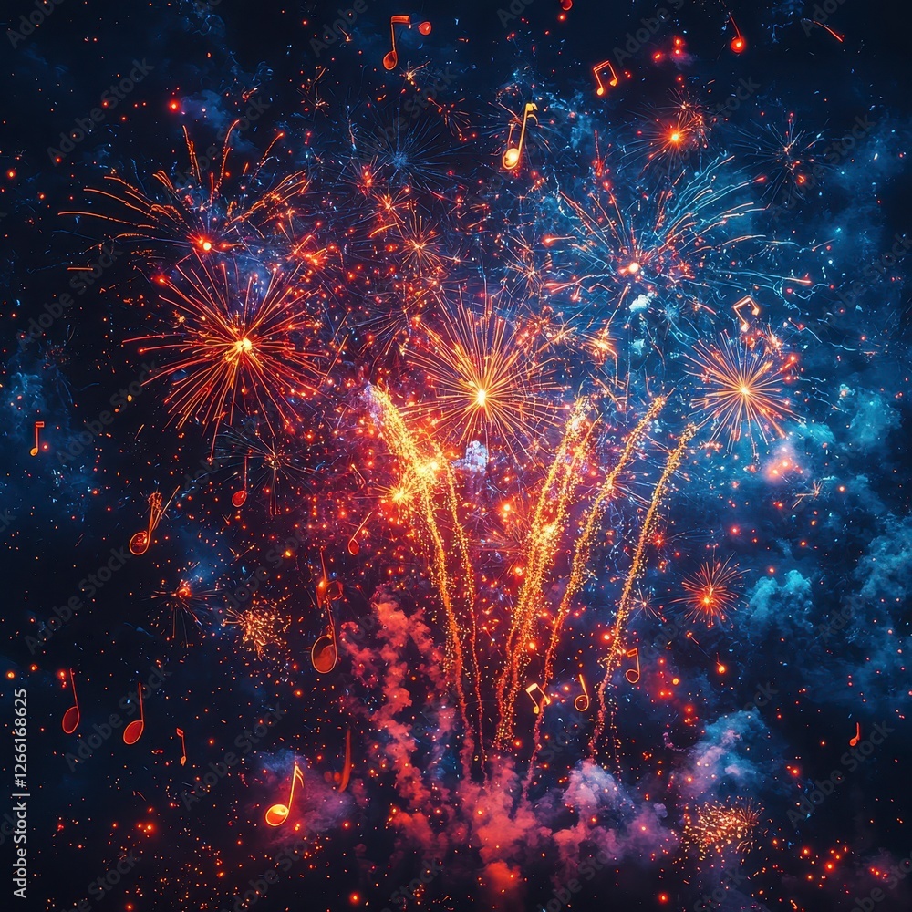 © Akun - Fireworks display, musical notes, night sky, celebration © Akun - Fireworks display, musical notes, night sky, celebration