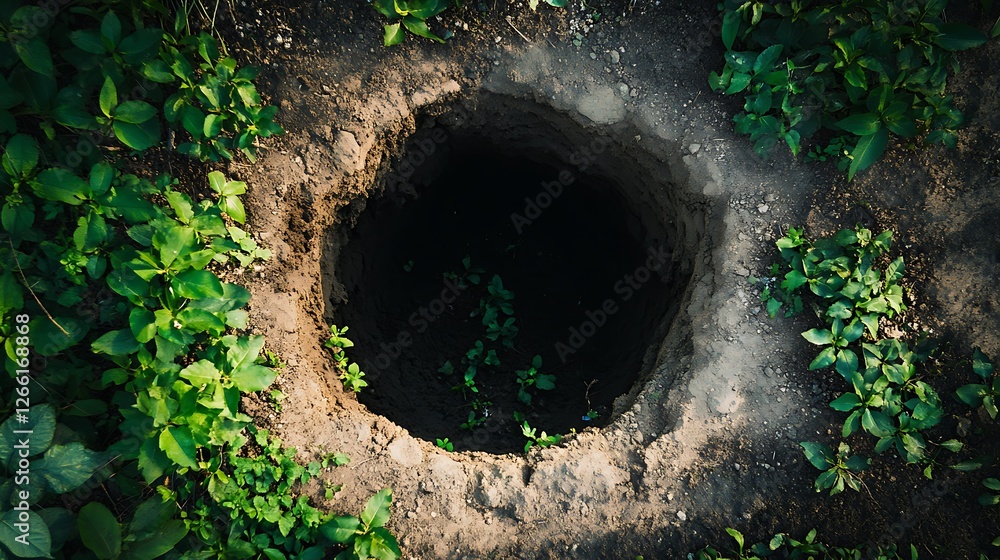 Mysterious Dark Hole in the Ground Surrounded by Lush Greenery Mysterious Dark Hole in the Ground Surrounded by Lush Greenery
