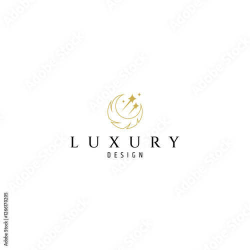 abstract crescent moon line art style logo with shooting star elements