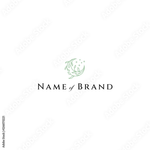 crescent moon line art style logo with leaves and stars elements