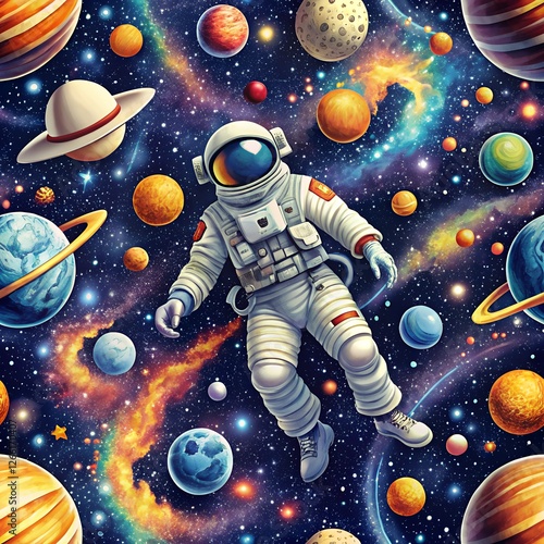 astronaut in space. space pattern. pattern space. pattern with planets and astronaut. planets. astronaut. rocket. saturn photo