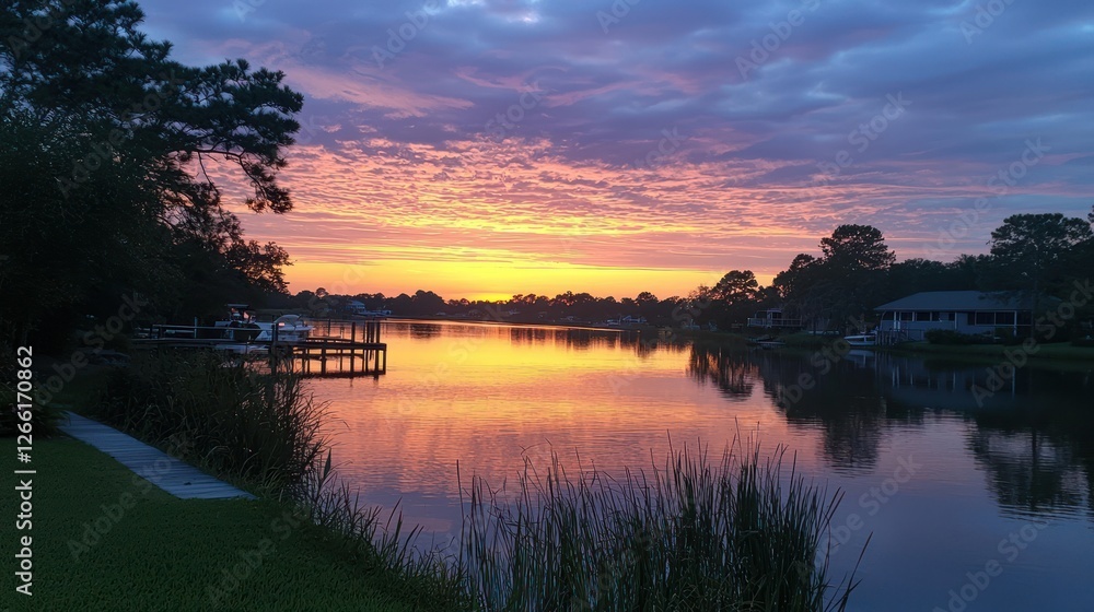 Serene Sunset Over Calm Waters Lakeside Homes Serene Sunset Over Calm Waters Lakeside Homes