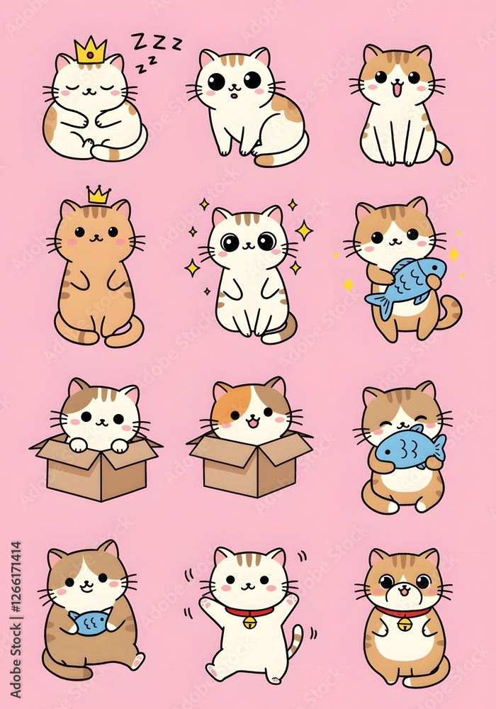 Obraz premium Nine Cute Cartoon Cats in Playful Poses