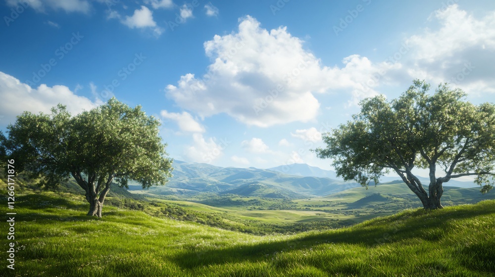 Serene landscape with olive trees on grassy hills, overlooking a picturesque valley and distant mountains Serene landscape with olive trees on grassy hills, overlooking a picturesque valley and distant mountains