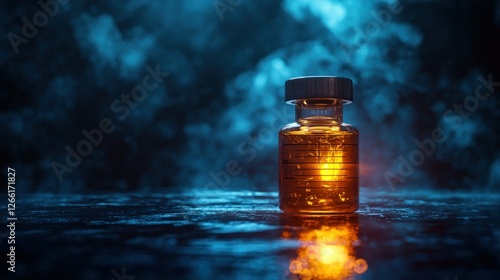 Vial with orange liquid against dark background of smoke, for science, lab, or medic