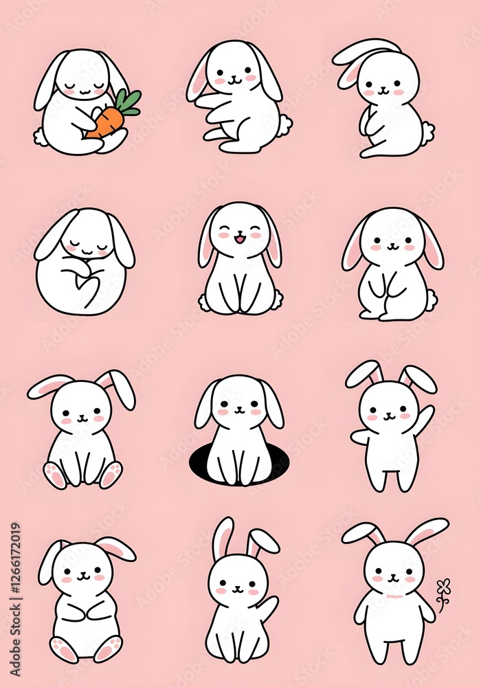 Nine Cute Cartoon Rabbits in Playful Poses Nine Cute Cartoon Rabbits in Playful Poses