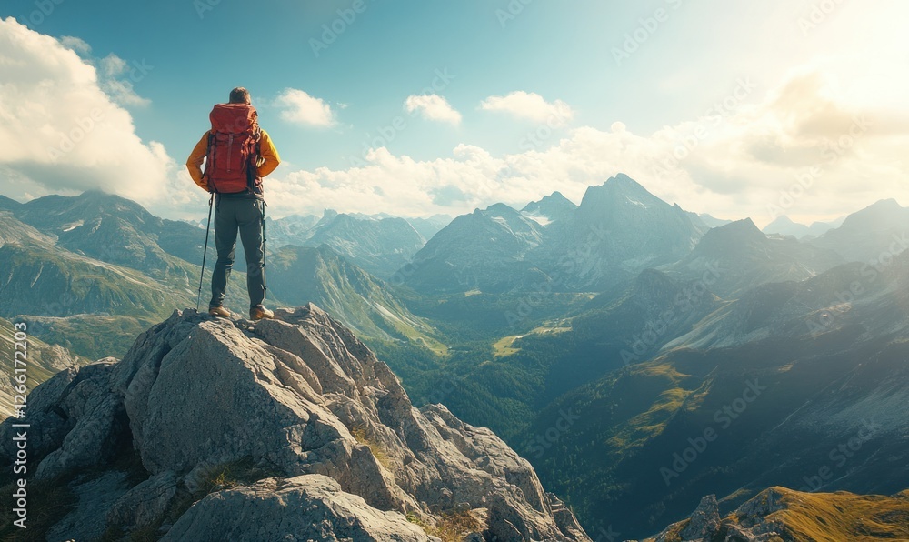A hiker stands on a rocky peak, overlooking a breathtaking mountain landscape. A hiker stands on a rocky peak, overlooking a breathtaking mountain landscape.