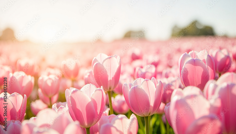 Pink tulips blooming in a sunlit flower field Pink tulips blooming in a sunlit flower field