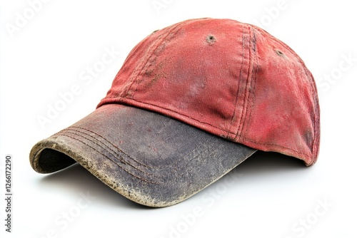 A well worn red and dark baseball cap