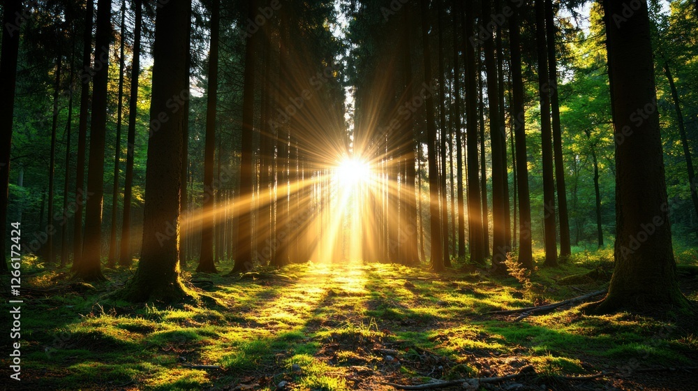 Fototapeta premium Sunlight beams through forest canopy at sunrise