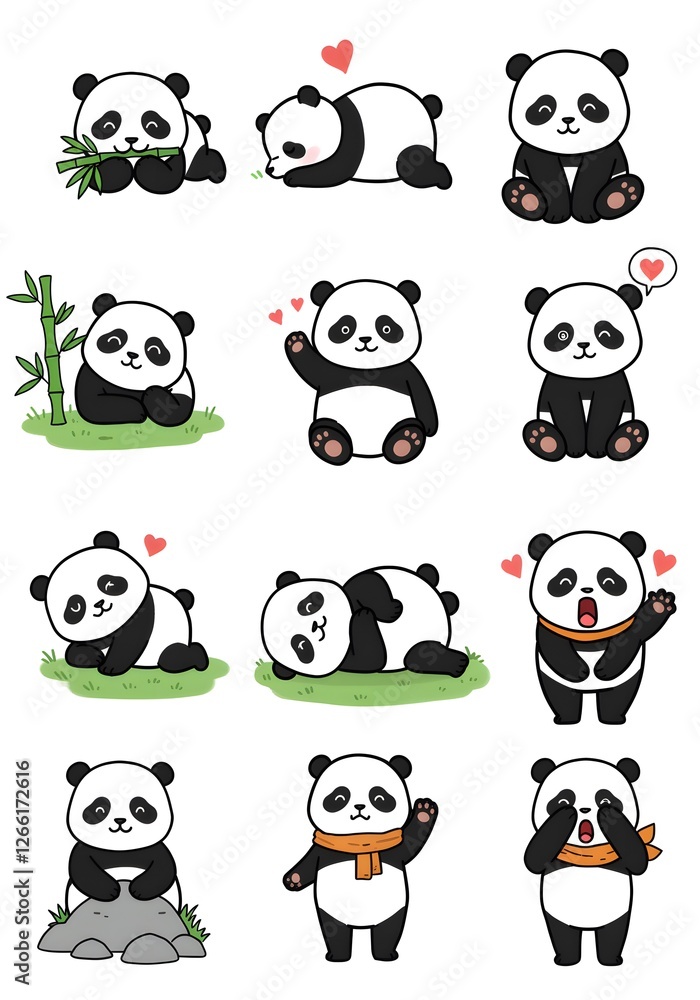Nine Cute Cartoon Pandas in Playful Poses Nine Cute Cartoon Pandas in Playful Poses