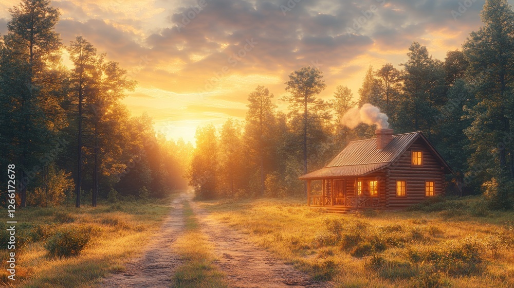 Golden Sunrise Cabin in Forest, Path, Cozy, Peaceful Golden Sunrise Cabin in Forest, Path, Cozy, Peaceful
