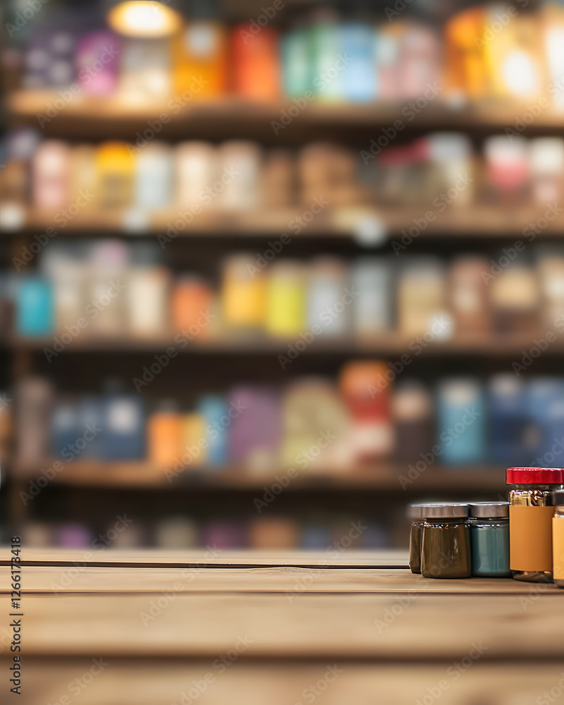 Glass Jars on Wooden Table with Blurred Shelf Background Glass Jars on Wooden Table with Blurred Shelf Background