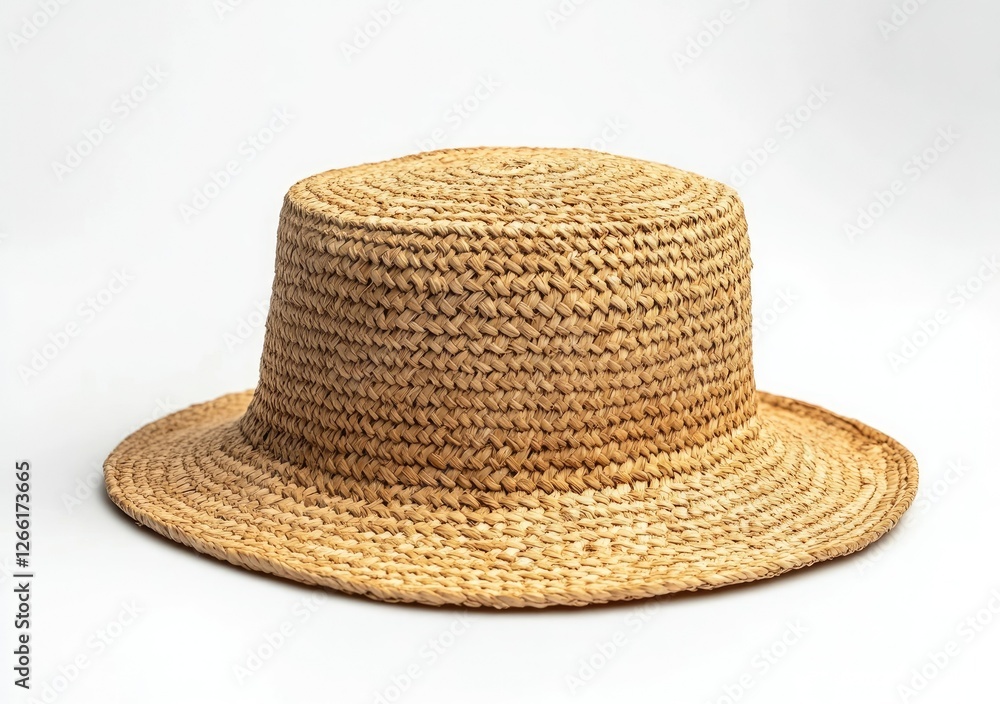 A Light Brown Woven Straw Hat on White Background A Light Brown Woven Straw Hat on White Background